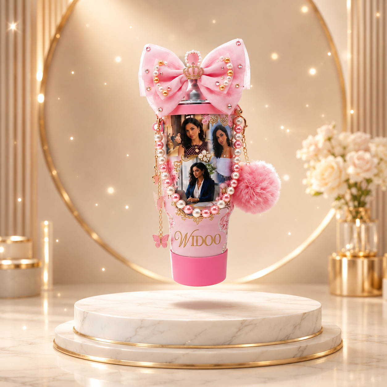 Widoo personalized tumbler on marble podium