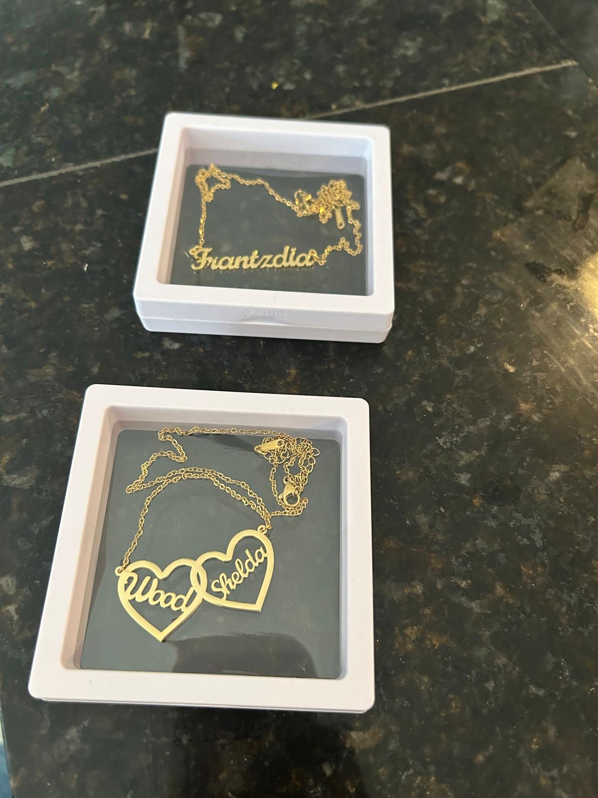 Gold name necklace and double heart couple necklace in gift boxes