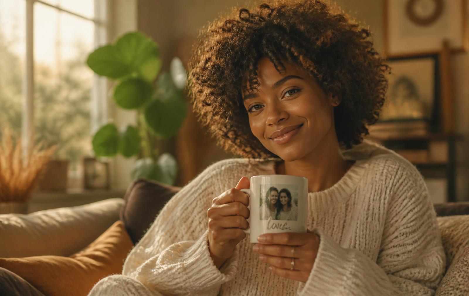Woman holding a personalized photo mug by a window