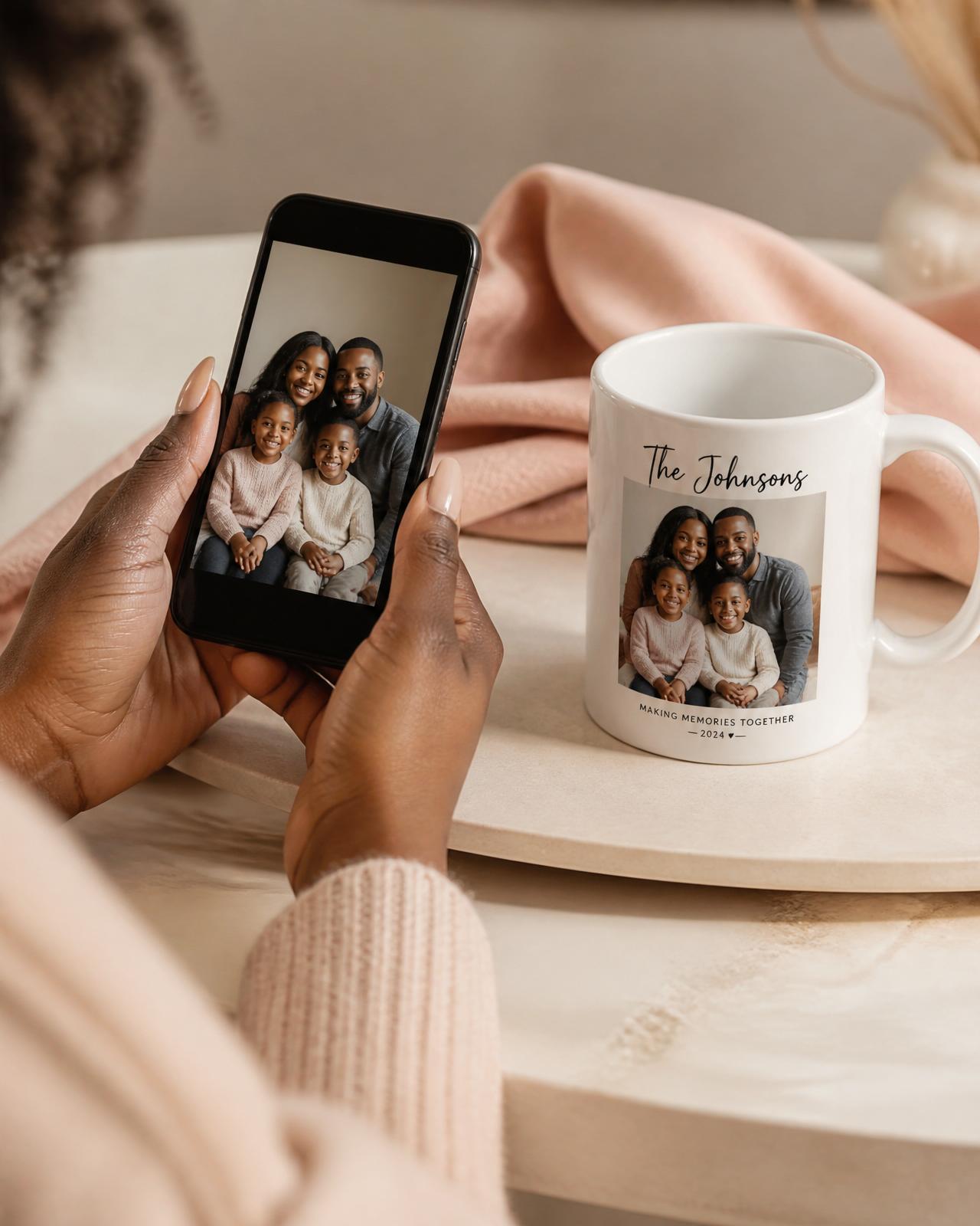 Hands personalizing a photo mug